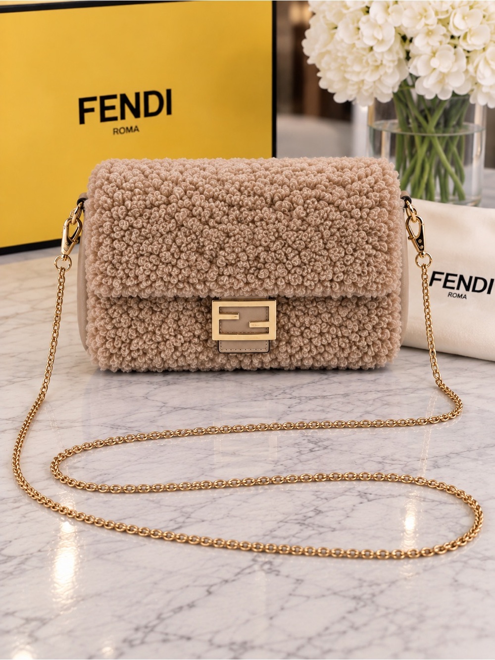 Fendi Micro Baguette Beige Merino Shearling Fur Gold Chain Crossbody Bag